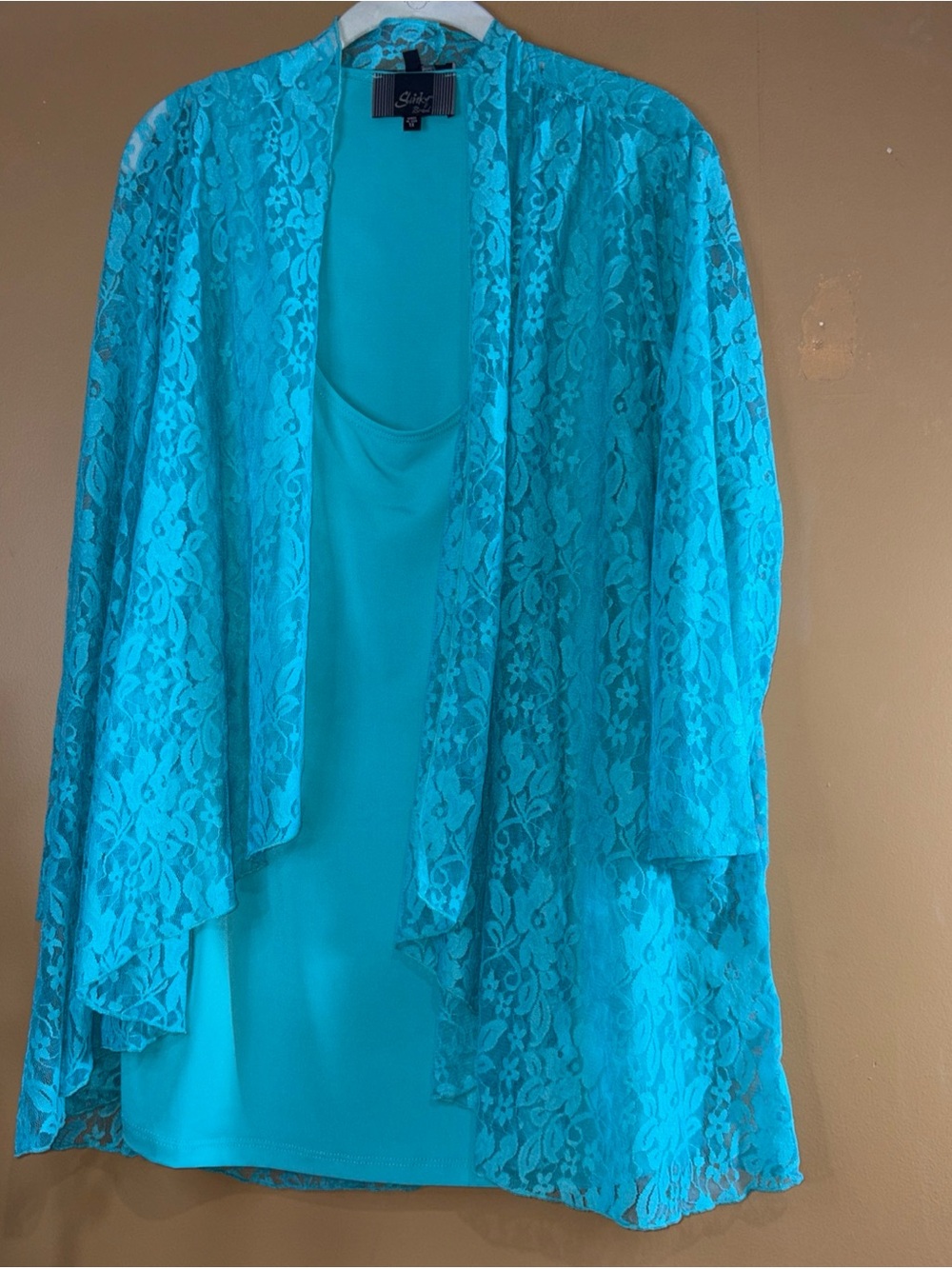 HC850. Slinky Brand Green Lace Cardigan and Tank Set Womens 1X Floral Open Front